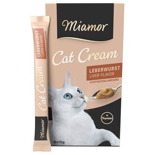 Miamor Cat Cream Leberwurst- gardums kaķiem ar aknām un timiānu vielmaiņas stimulēšanai 6x15g