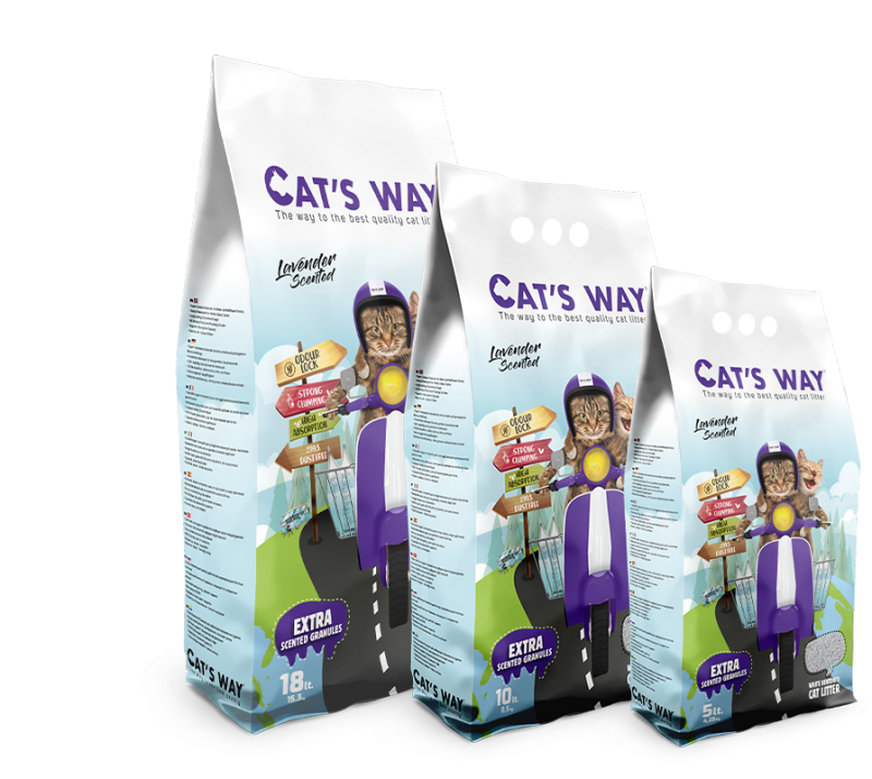 Cats way White Cat Litter Lavender 5l - cementējošās smiltis ar maigu lavandas smaržu