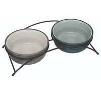 Trixie Paliknis with bowls Bowl set, ceramic/metal, 2×0.6 l/ø 15 cm/32×9×16 cm, petrol/light petrol/grey/light gr