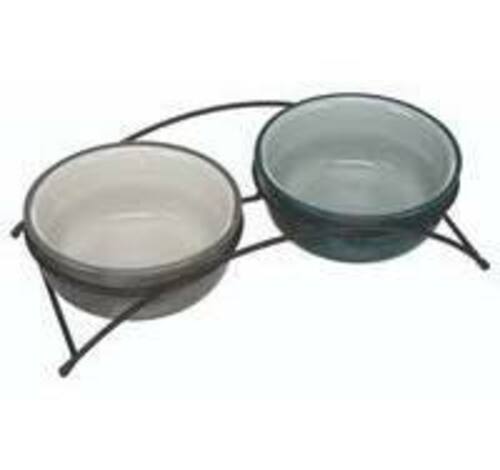 Trixie Paliknis with bowls Bowl set, ceramic/metal, 2×0.6 l/ø 15 cm/32×9×16 cm, petrol/light petrol/grey/light gr