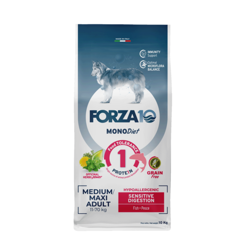 Forza10 MonoDiet Sensitive Digestion Medium /Maxi Adult ar zivīm 10kg