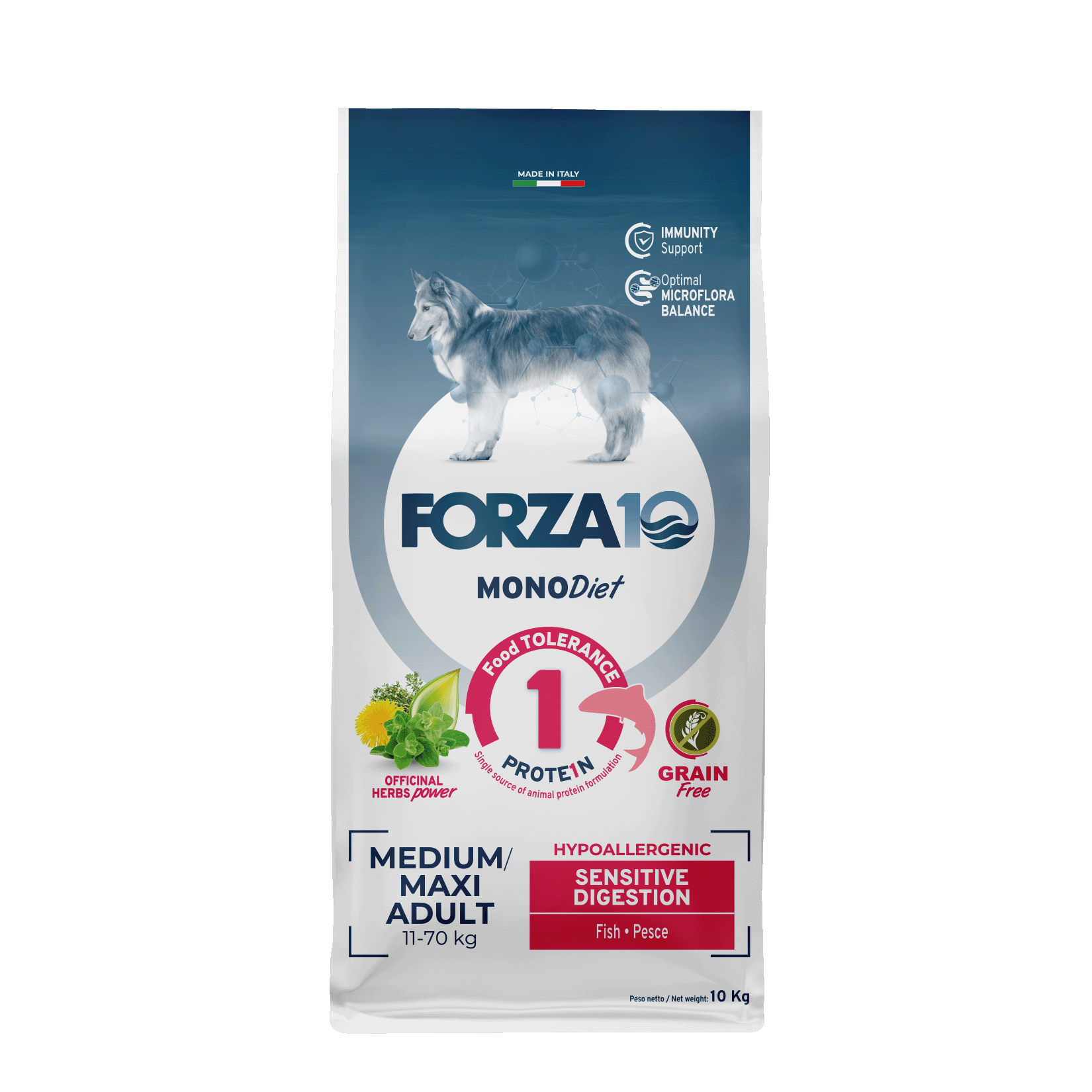 Forza10 MonoDiet Sensitive Digestion Medium /Maxi Adult ar zivīm 10kg