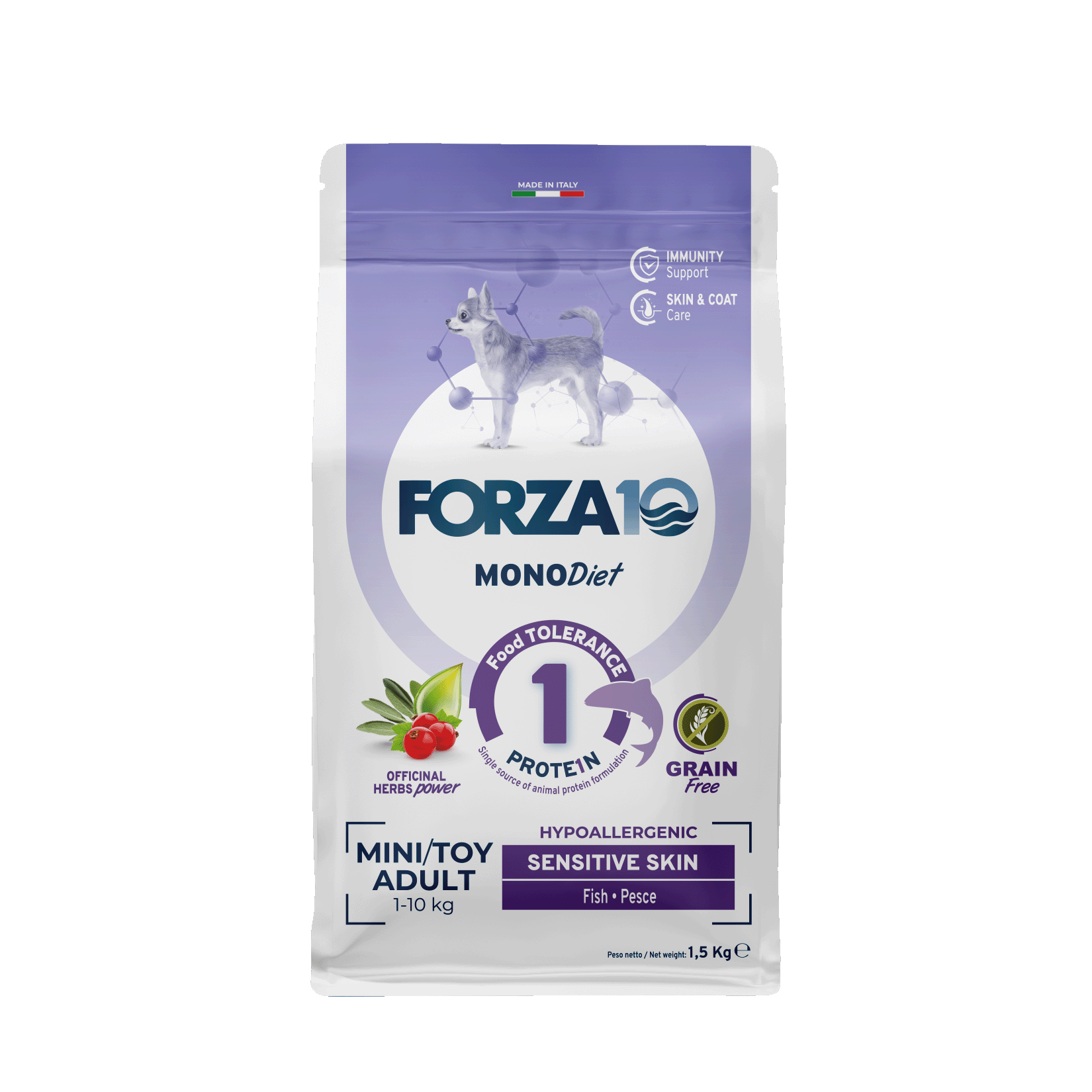 Forza10 MonoDiet Sensitive Skin Mini/Toy Adult ar zivīm 1,5kg