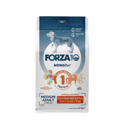Forza10 MonoDiet Medium Adult ar zirga gaļu un zirņiem 1,5kg