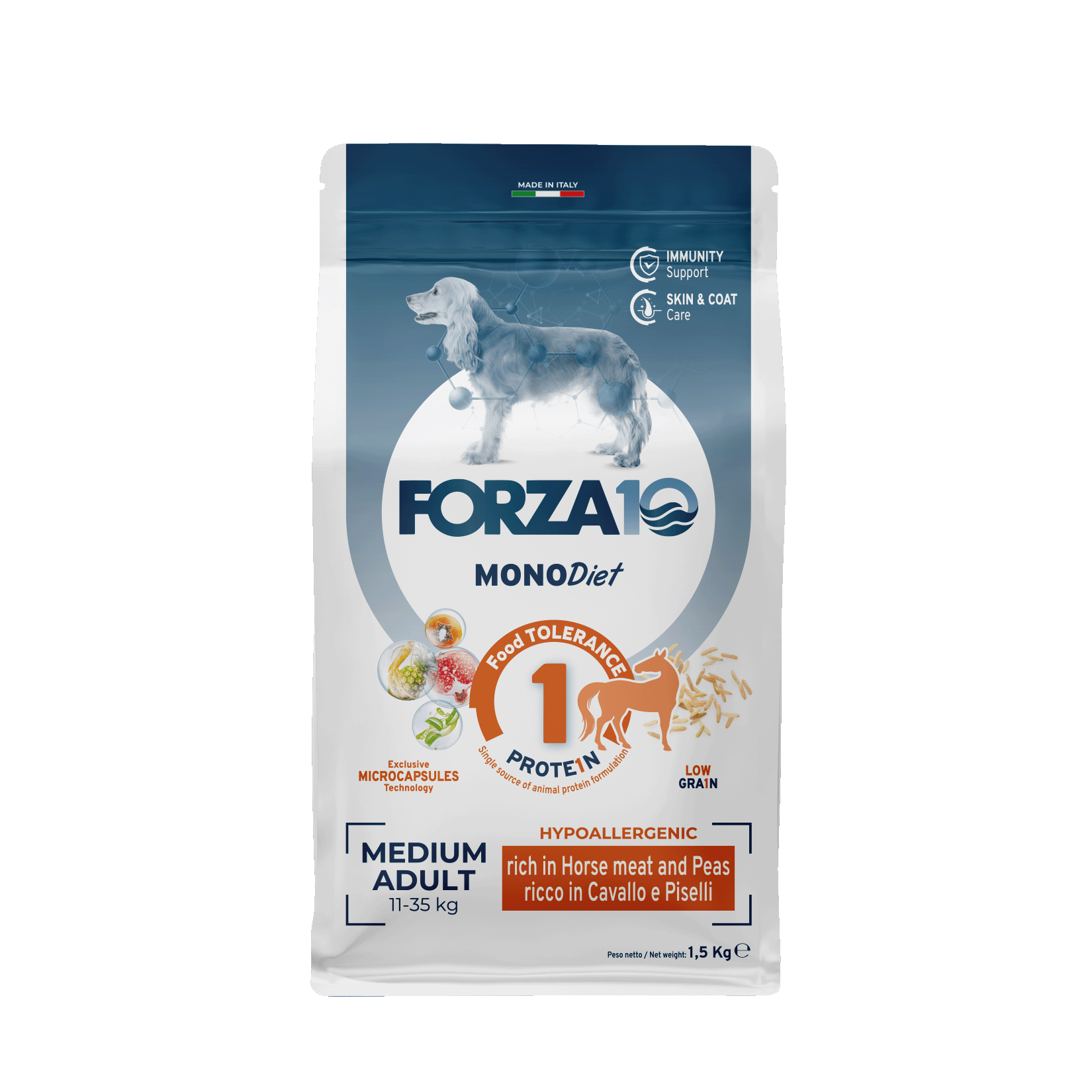 Forza10 MonoDiet Medium Adult ar zirga gaļu un zirņiem 1,5kg
