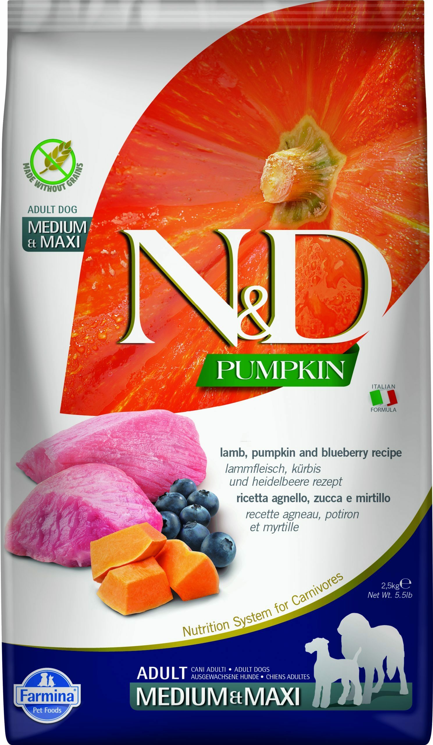 N&D dog pumpkin bezgraudu sausā barība ar jēru, ķirbi un mellenēm, vidējo un lielo šķirņu suņiem 2,5kg