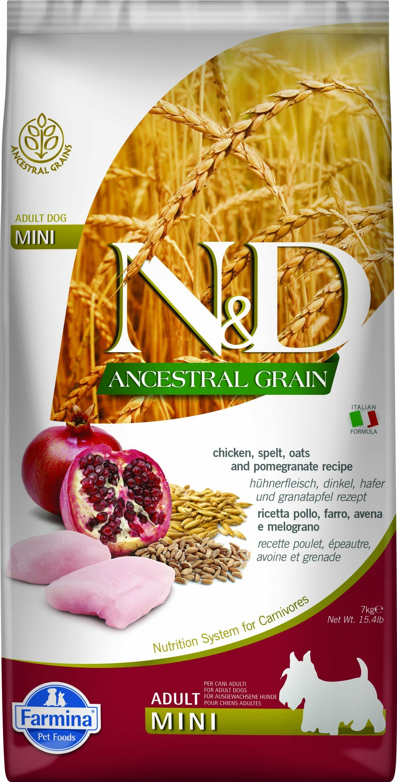 N&D dog ancestral grain sausā barība ar vistu, speltas kviešiem, auzām un granātāboliem, pieaugušiem mazo šķirņu suņiem 2,5kg