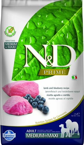 N&D dog prime bezgraudu sausā barība ar jēru un mellenēm, vidējo un lielo šķirņu suņiem 2,5kg