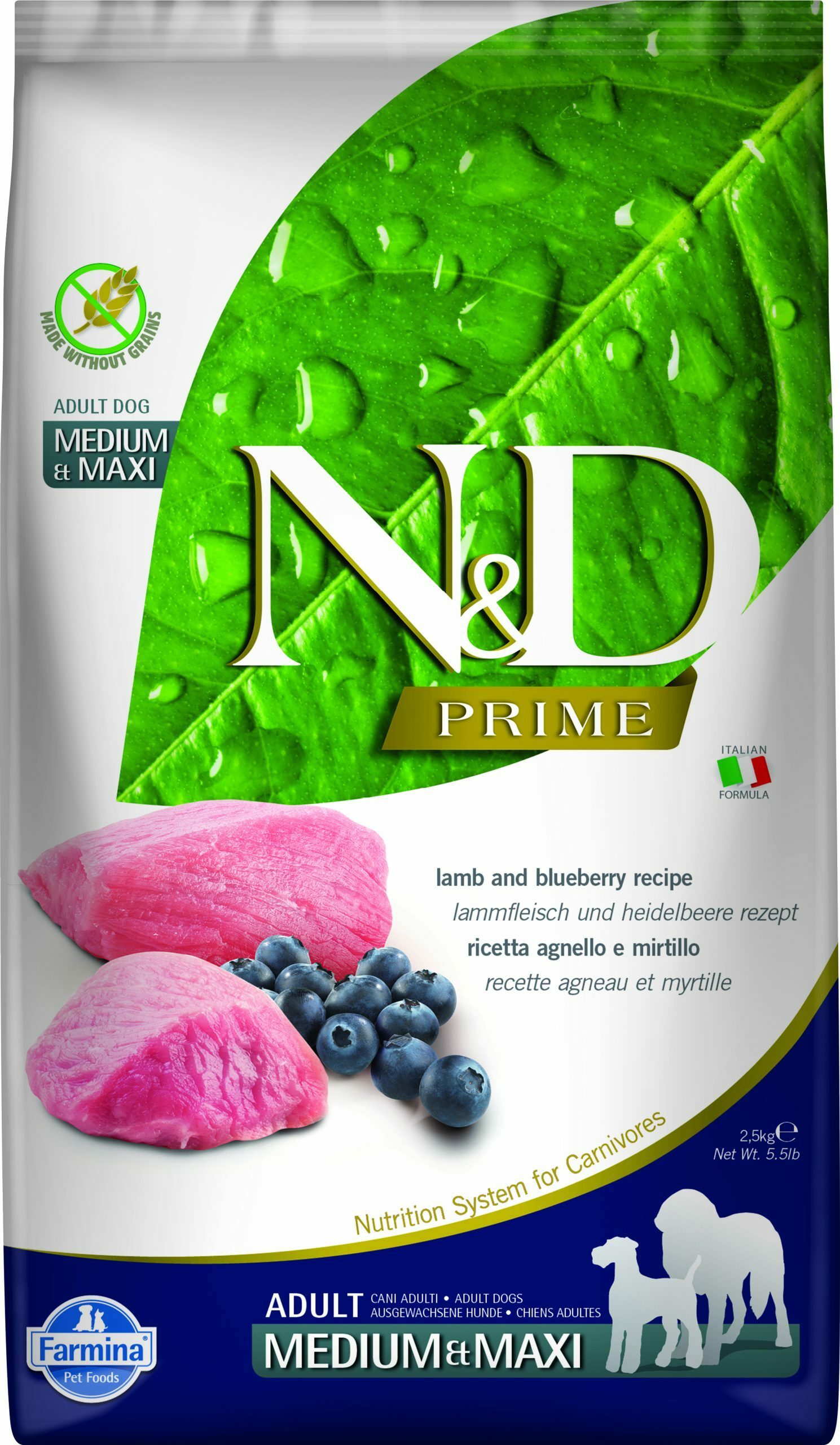 N&D dog prime bezgraudu sausā barība ar jēru un mellenēm, vidējo un lielo šķirņu suņiem 2,5kg