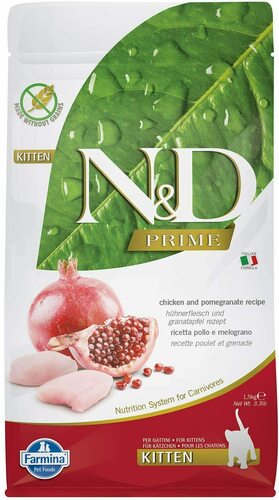 N&D cat prime sausā barība bezgraudu ar vistu un granātāboliem, kaķēniem 1,5kg
