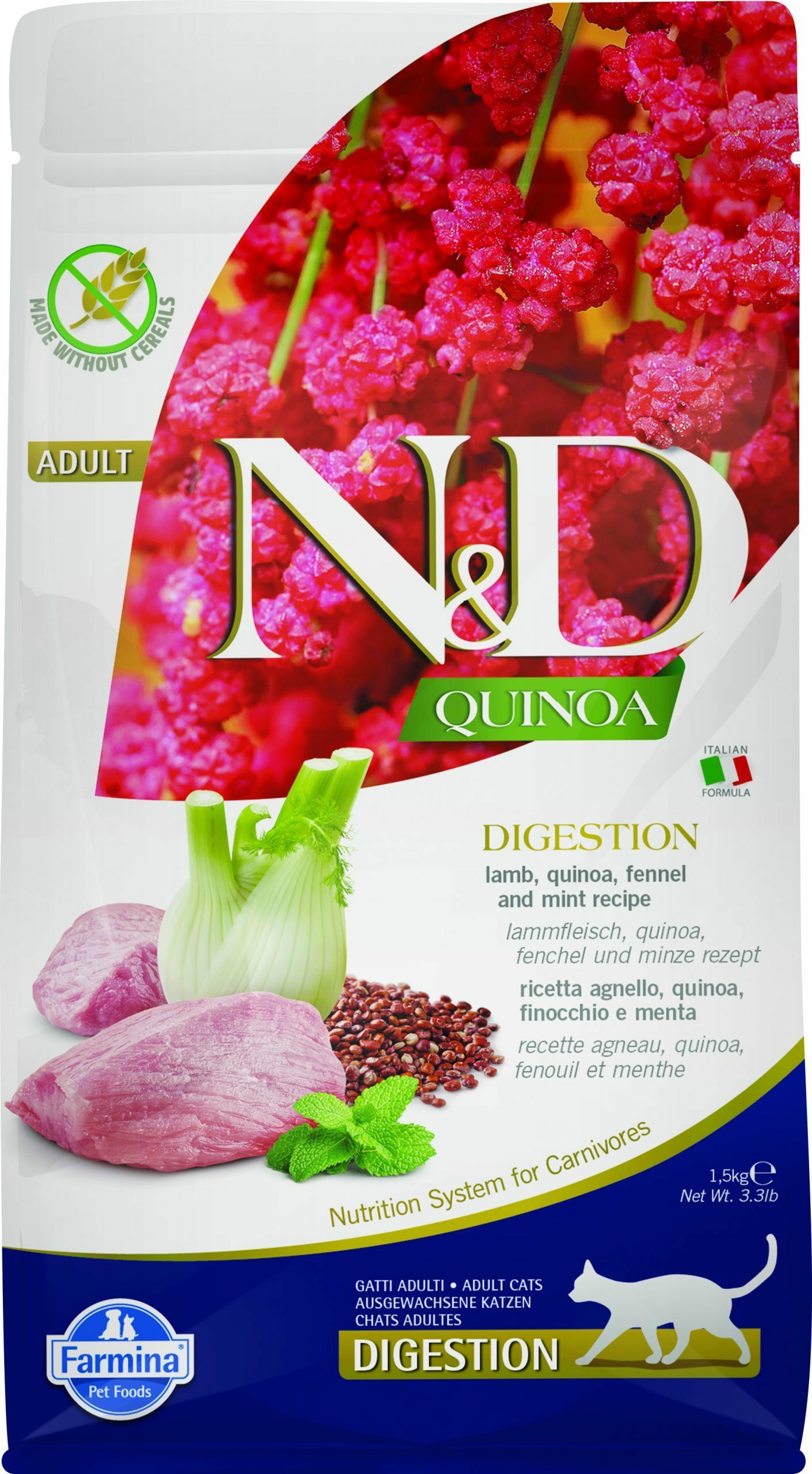 N&D cat quinoa sausā barība bezgraudu ar jēru, kvinoju, fenheli un piparmētru, digestion 1,5kg