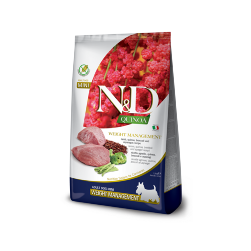 N&D dog quinoa bezgraudu sausā barība ar jēru, kvinoju un brokoļiem, mazo šķirņu suņiem, Weight managment 2,5kg