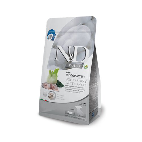 N&D dog white coat bezgraudu sausā barība ar jūras asari, spirulīnu un fenheli, mazo šķirņu kucēniem ar gaišu apmatojumu 1,5kg