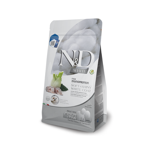 N&D dog white coat bezgraudu sausā barība ar jūras asari, spirulīnu un fenheli, lielo un vidējo šķirņu suņiem, ar gaišu apmatojumu 2kg