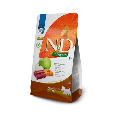 N&D dog pumpkin bezgraudu sausā barība ar briedi, ķirbi un āboliem, mazo šķirņu suņiem 2kd