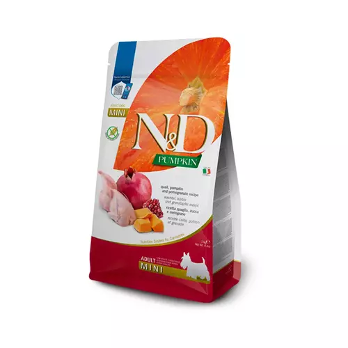 N&D dog pumpkin bezgraudu sausā barība ar paipalu, ķirbi un granātāboliem, mazo šķirņu suņiem 2kg