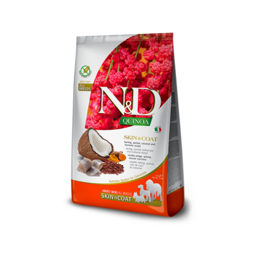 N&D dog quinoa bezgraudu sausā barība ar siļķi, kvinoju un kokosriekstiem, mazo šķirņu suņiem, Skin&coat 7kg