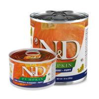 N&D dog pumpkin konservi ar jēru, ķirbi un mellenēm, mazo šķirņu kucēniem 6x140g