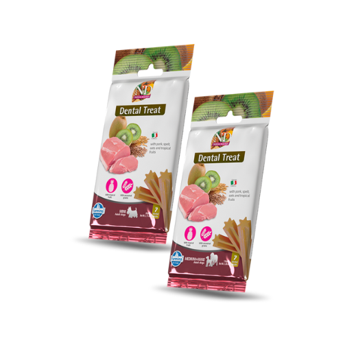 N&D dog tropical Dental Treat, Mazgraudu kārums suņiem ar tropiskiem augļiem un cūkgaļu,  Medium/Maxi 4x100g
