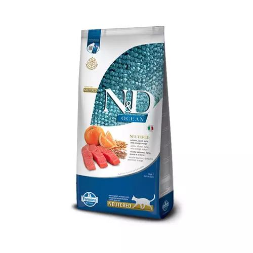 N&D cat ocean sausā barība bezgraudu ar lasi un apelsīniem, sterilizētiem kaķiem 10kg