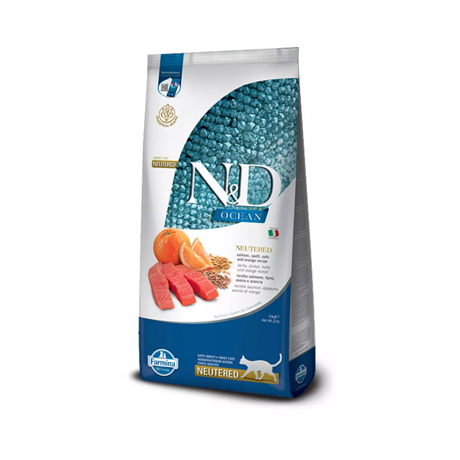 N&D cat ocean sausā barība bezgraudu ar lasi un apelsīniem, sterilizētiem kaķiem 10kg