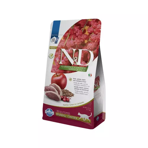 N&D cat quinoa sausā barība bezgraudu ar pīli, kvinoju un āboliem, apmatojuma kamolu izvadīšanai 1,5kg