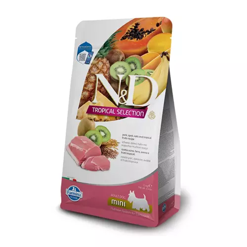 N&D dog tropical selection sausā barība ar cūkgaļu un tropiskajiem augļiem, mazo šķirņu suņiem 5kg