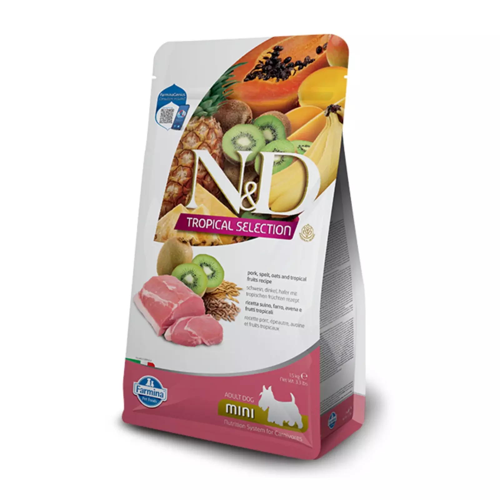 N&D dog tropical selection sausā barība ar cūkgaļu un tropiskajiem augļiem, mazo šķirņu suņiem 5kg