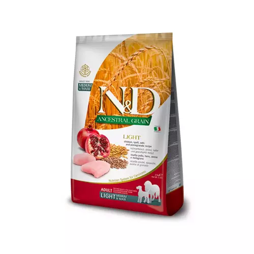 N&D dog ancestral grain sausā barība ar vistu, plēkšņu kviešiem un granātāboliem, vidēkām un lielām suņu šķirnēm, LIGHT 12kg