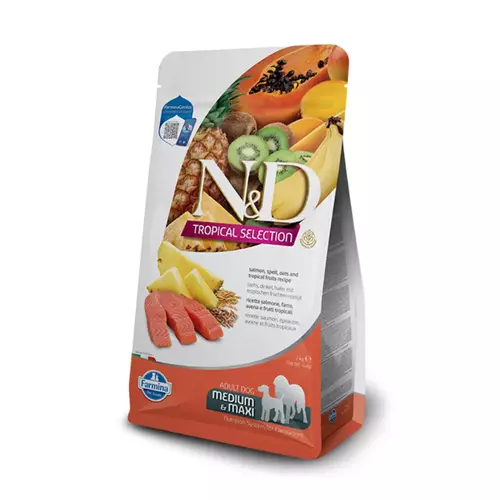 N&D dog tropical selection sausā barība ar lasi un tropiskajiem augļiem, vidējo un lielo šķirņu suņiem 10kg
