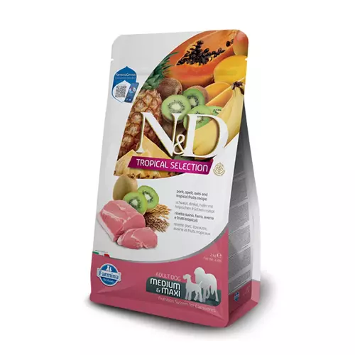 N&D dog tropical selection sausā barība ar cūkgaļu un tropiskajiem augļiem, vidējo un lielo šķirņu suņiem 10kg