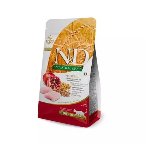N&D cat ancestral grain sausā barība ar vistu un granātāboliem, sterilizētiem kaķiem 5kg