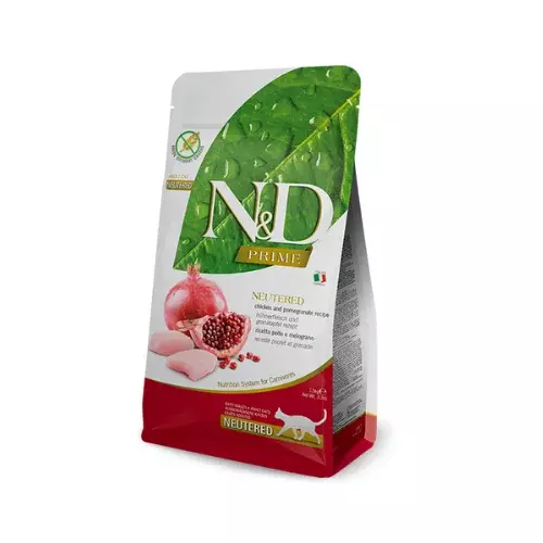 N&D cat prime sausā barība bezgraudu ar vistu un grānātābolu sterilizētiem kaķiem 5kg