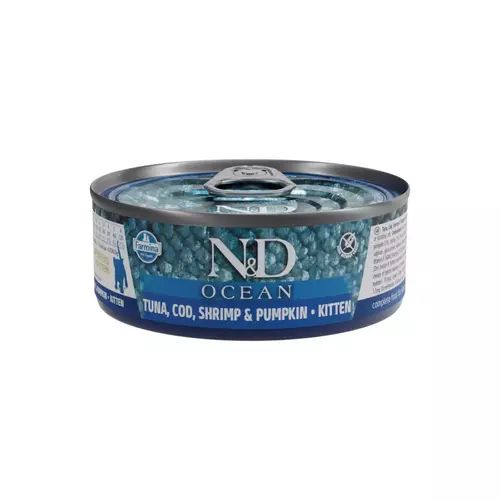 N&D cat ocean konservi ar tunci, mencu un ķirbi, kaķēniem 6x70g