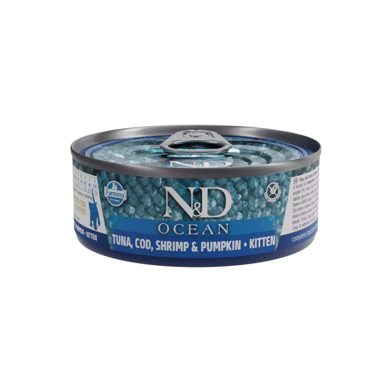 N&D cat ocean konservi ar tunci, mencu un ķirbi, kaķēniem 6x70g