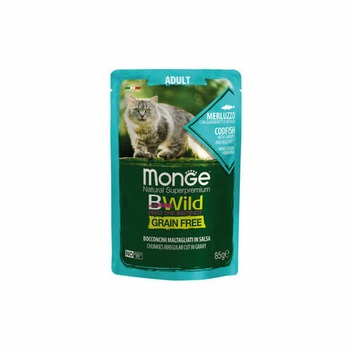 MONGE BWILD grain-free canned food for adult cats - cod, shrimp, and vegetables, 85g