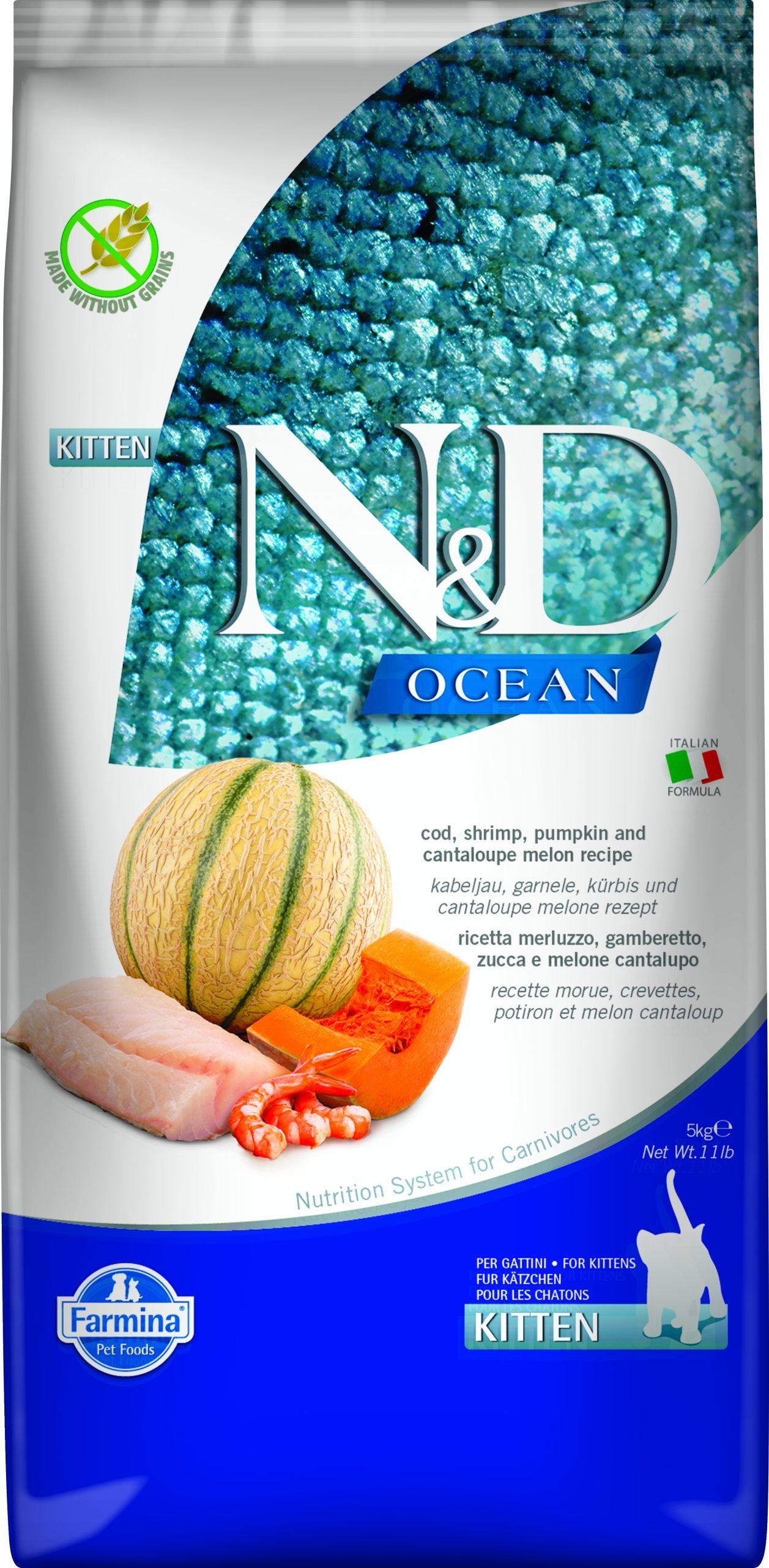 N&D cat ocean sausā barība bezgraudu ar mencu, garnelēm un meloni, kaķēniem 1,5kg
