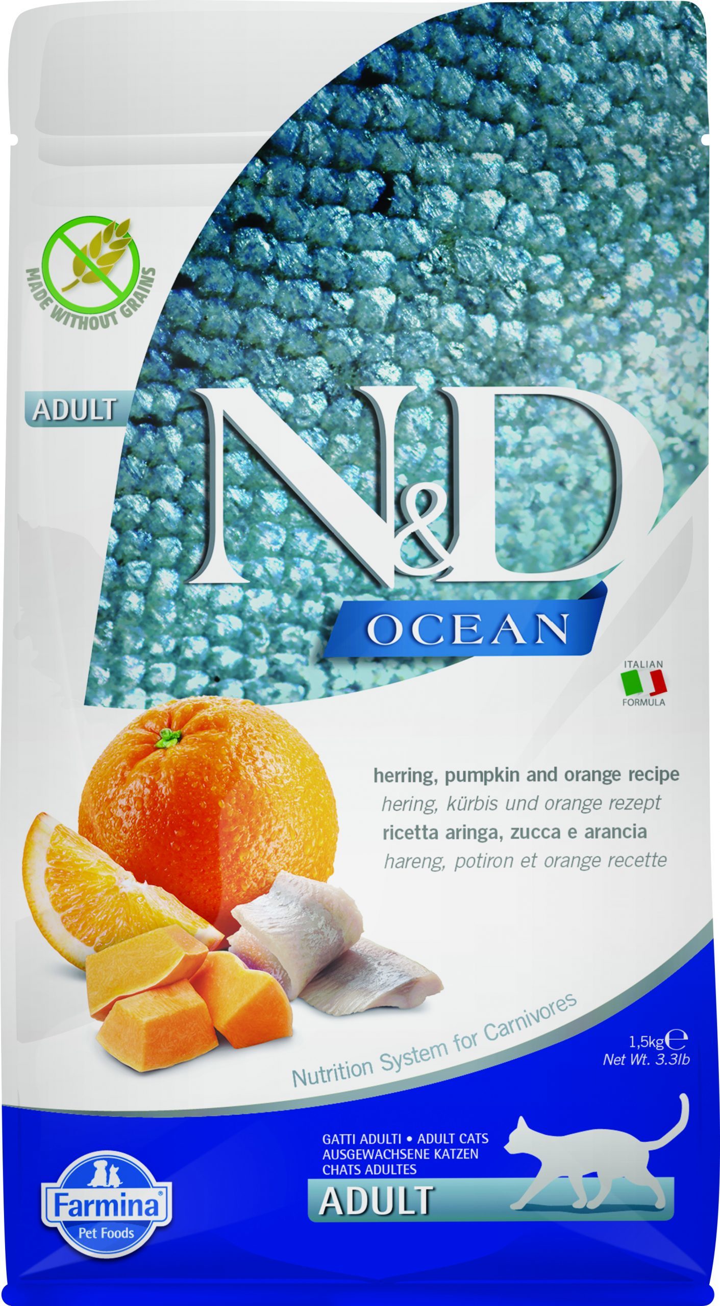 N&D cat ocean sausā barība bezgraudu ar siļķi, ķirbi un apelsīniem ADULT 5kg