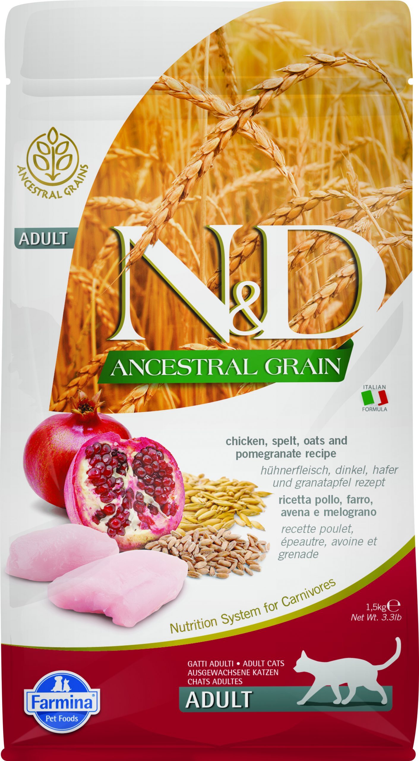 N&D cat ancestral grain sausā barība ar vistu un granātāboliem, ADULT 10kg