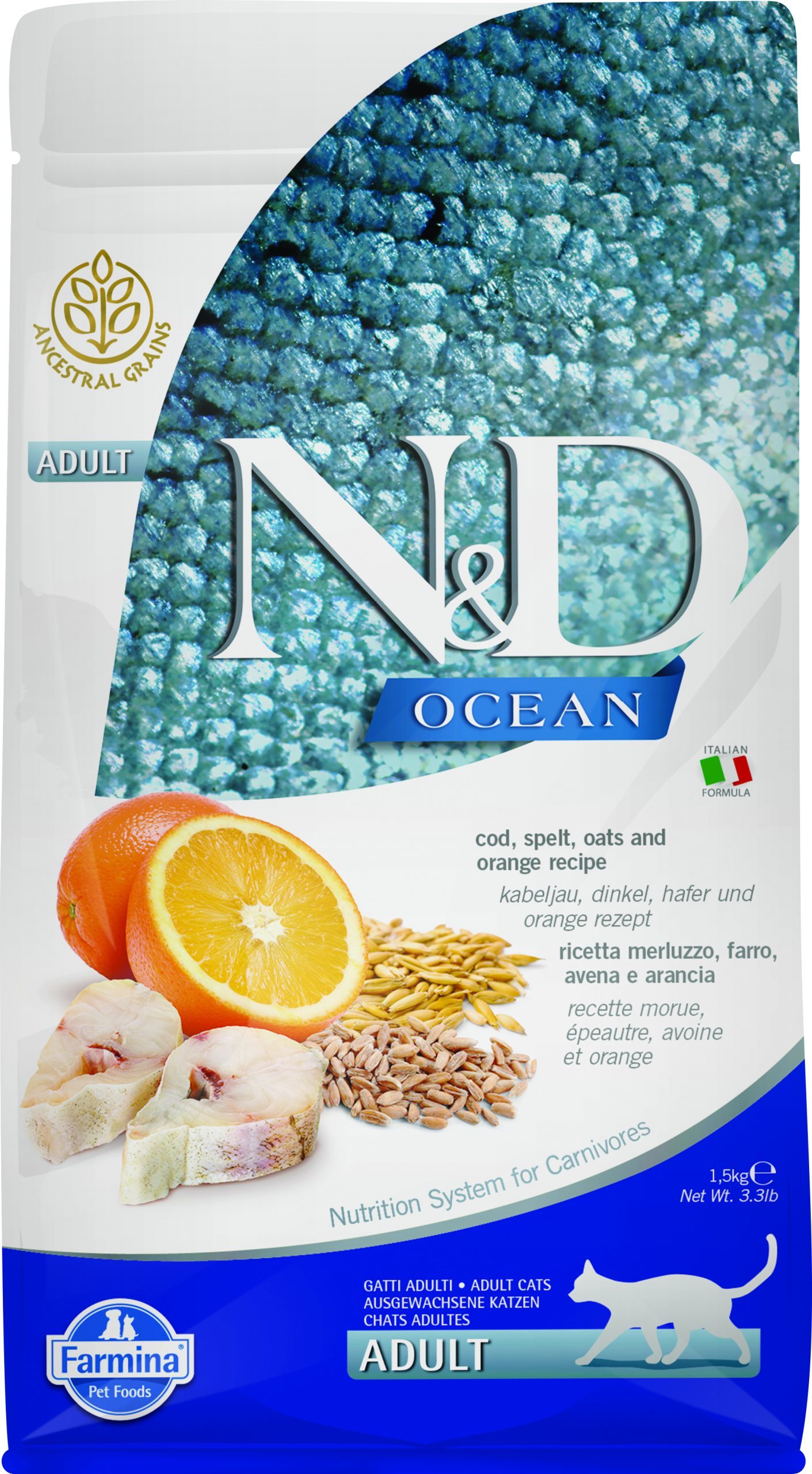 N&D cat ocean sausā barība ar mencu un apelsīniem ADULT1,5kg