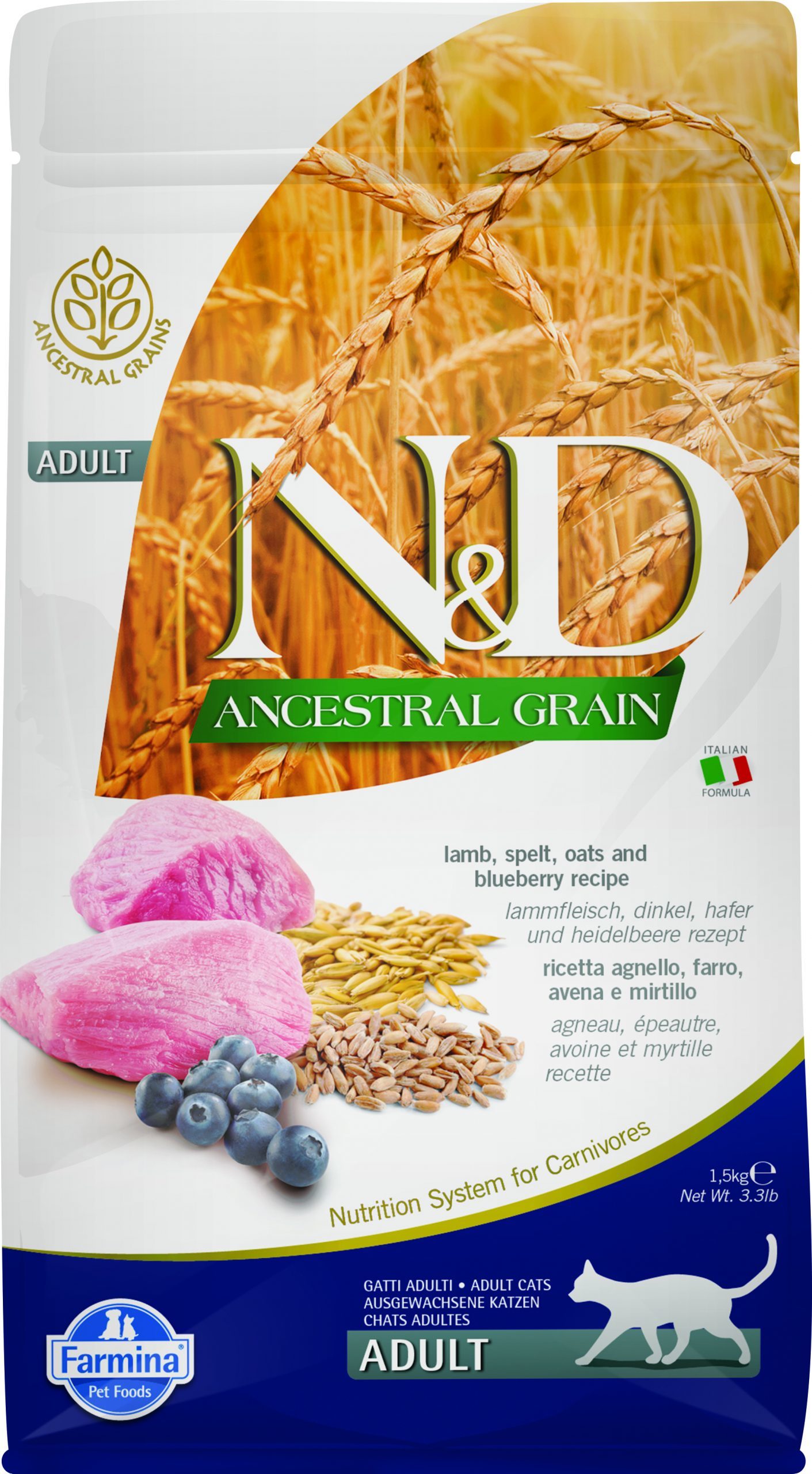 N&D cat ancestral grain sausā barība ar jēru un mellenēm 1,5kg