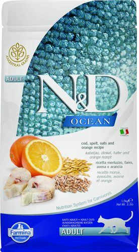 N&D cat ocean sausā barība  ar mencu un apelsīniem 10kg