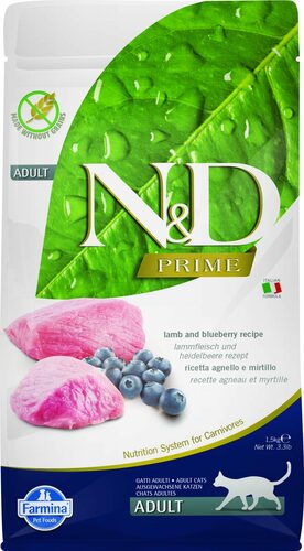 N&D cat prime sausā barība bezgraudu ar jēru un mellenēm 1,5kg