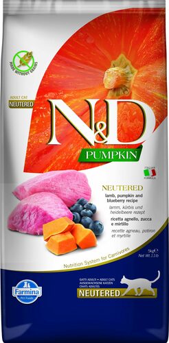 N&D grain-free dry cat food with lamb, pumpkin, and blueberries for sterilized cats 5kg