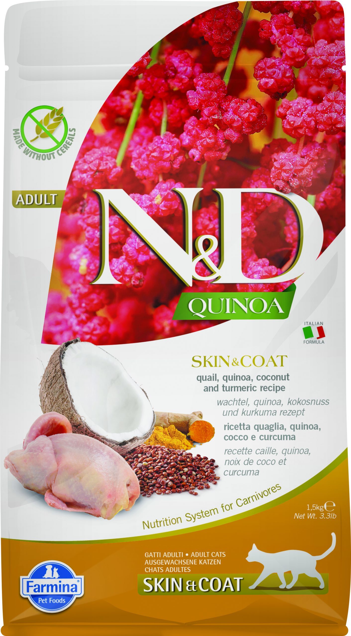 N&D cat quinoa sausā barība bezgraudu ar paipalu, kvinoju, kokosriekstiem un kurkumu, Skin&coat 1,5kg