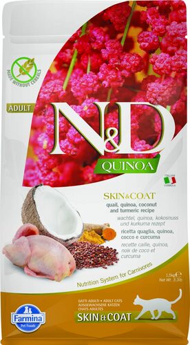 N&D grain-free dry cat food with quail, quinoa, coconut, and turmeric, Skin&coat 5kg