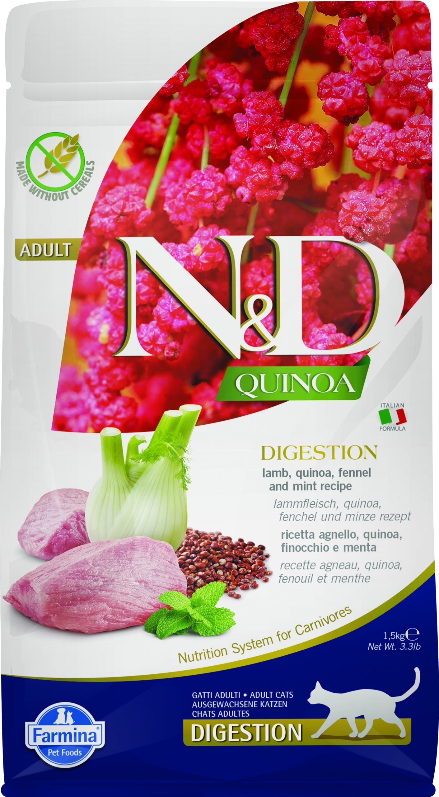N&D cat quinoa sausā barība bezgraudu ar jēru, kvinoju, fenheli un piparmētru, digestion 5kg