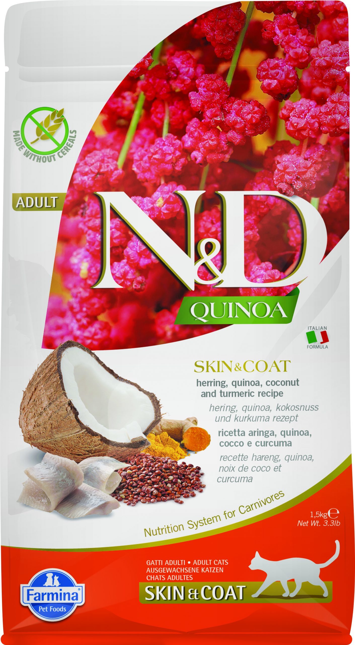 N&D cat quinoa sausā barība bezgraudu ar siļķi, kvinoju, kokosriektiem un kurkumu, Skin&coat 5kg
