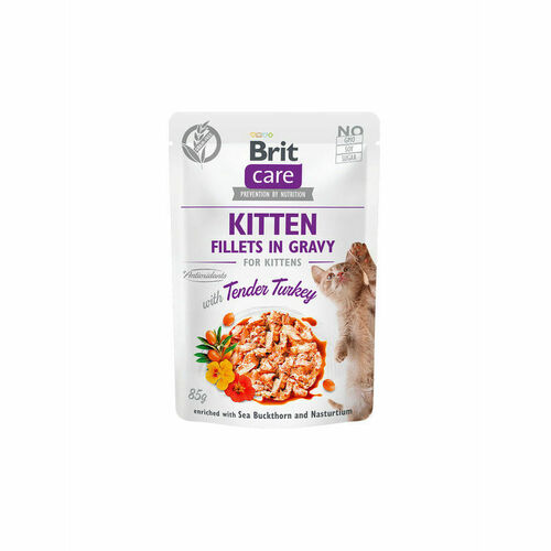 Brit care bezgraudu konservi, fileja mērcē ar tītara gaļu kaķēniem, 85g