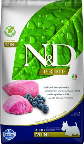 N&D dog grain-free dry food with lamb and blueberries for adult small breed dogs 2.5kg